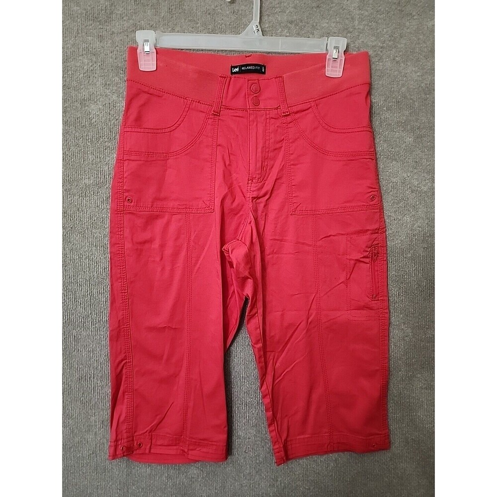 Lee Relaxed Fit Capri Pants Womens 10 Red Straight Leg Flap Pockets Stretch